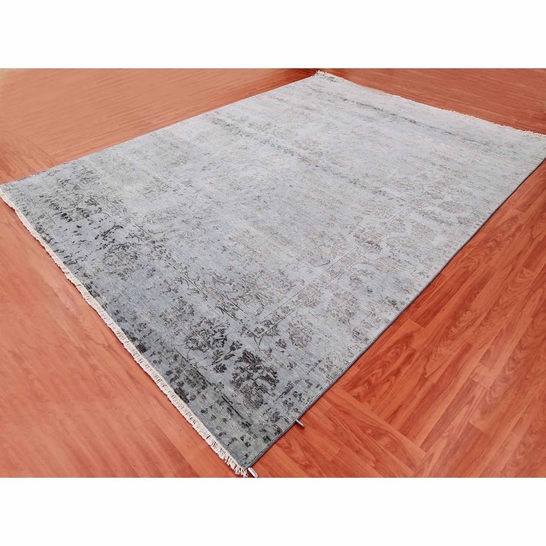 Silver Gray, Wool and Silk Hand Knotted, Persian Tabriz Design Rug - 4