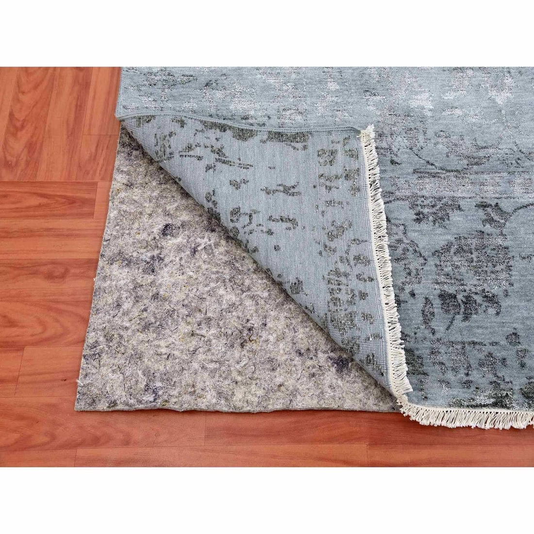 Silver Gray, Wool and Silk Hand Knotted, Persian Tabriz Design Rug - 5