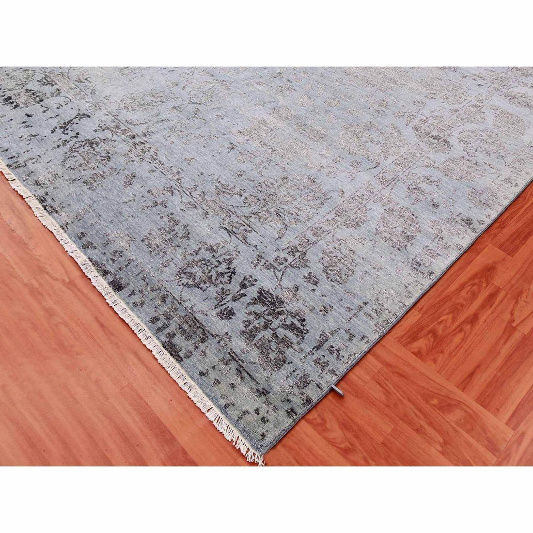 Silver Gray, Wool and Silk Hand Knotted, Persian Tabriz Design Rug - 7