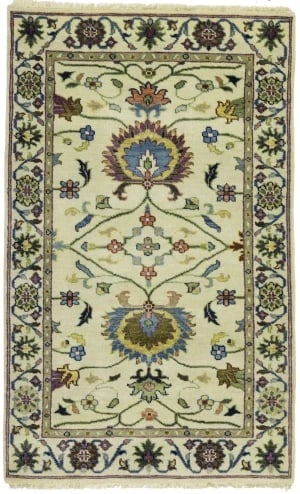 Cream Floral 3X5 Oushak Chobi Oriental Rug: Title:Cream Floral 3X5 Oushak Chobi Oriental Rug Description: Hand-knotted transitional rug, recently made in India Elegant floral pattern with timeless appeal Cream, green, blue, pale yellow, pink, b
