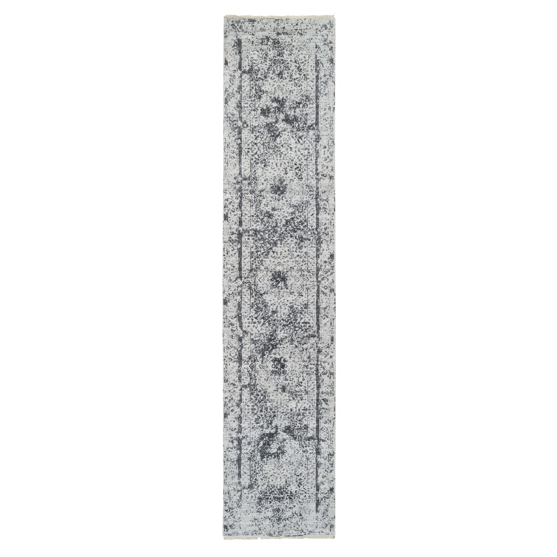 Gray, Wool and Silk Hand Knotted, Erased Persian Design, Runner Rug: Title: Gray, Wool and Silk Hand Knotted, Erased Persian Design, Runner Rug Description:This is a truly genuine one-of-a-kind. It has been Knotted for months and months in the centuries-old weaving cra