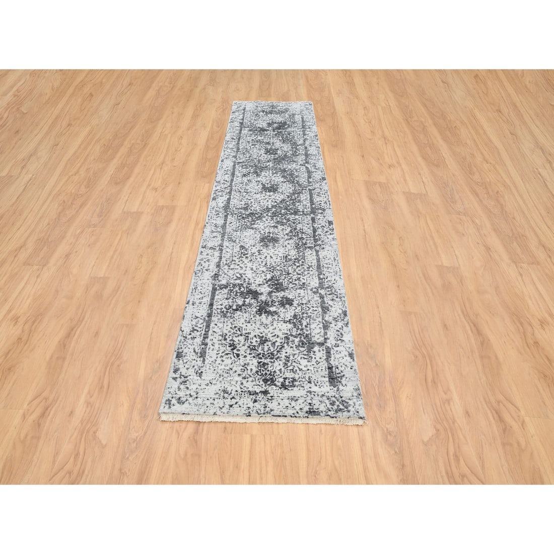 Gray, Wool and Silk Hand Knotted, Erased Persian Design, Runner Rug - 2