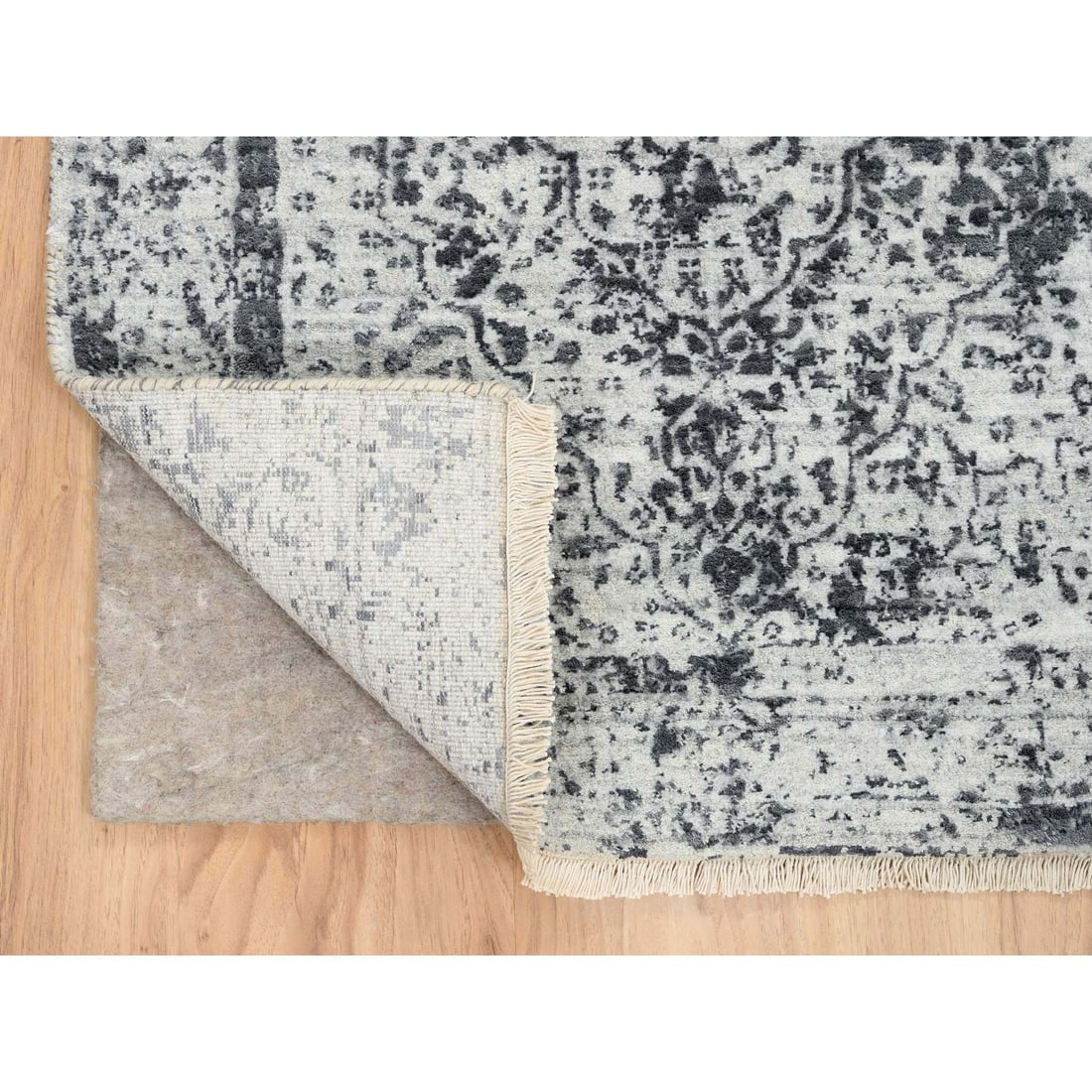 Gray, Wool and Silk Hand Knotted, Erased Persian Design, Runner Rug - 3