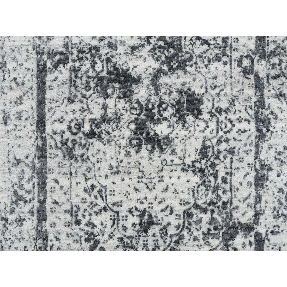 Gray, Wool and Silk Hand Knotted, Erased Persian Design, Runner Rug - 5