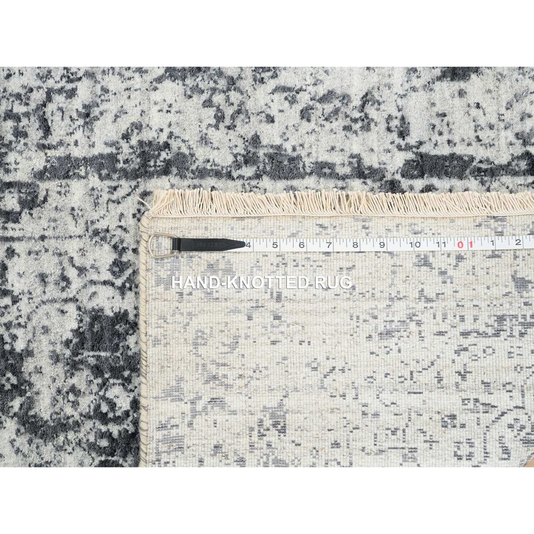 Gray, Wool and Silk Hand Knotted, Erased Persian Design, Runner Rug - 8