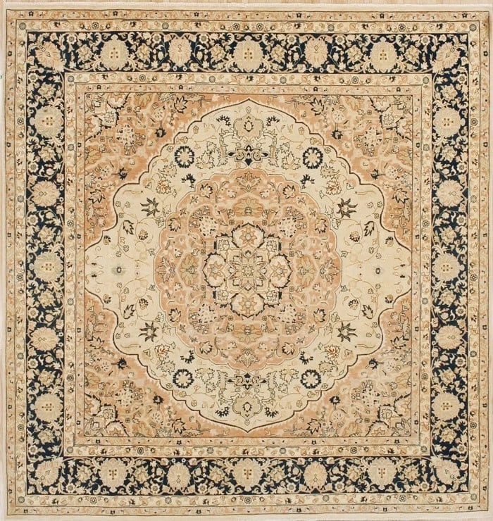 Hand-Knotted Cream Terracotta Wool Oriental Area Rug Square Carpet 8' x 8'4": Title:Hand Knotted Indo-Tabriz Cream Wool Oriental Area Rug Carpet 8' x 8'4" Description:• Rug Number: 73738 • Country of Origin: India • Style, Design: Persian Tabriz, Medallion •