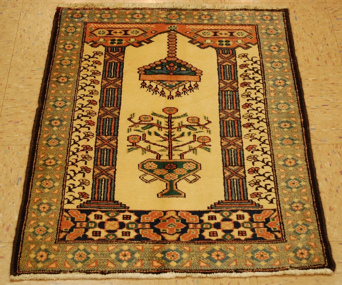SHIRVAN CAUCASIAN RUG 2'3"x 3'2": Title:SHIRVAN CAUCASIAN RUG 2'3"x 3'2" Descritpion:ANTIQUE CAUCASIAN CHILD SHIRVAN_RARE PRAYER DESIGN CAUCASIAN RUG Circa 1930's with exact squarish size of 2'3"x 3'2" Wool woven on cotton foundation 