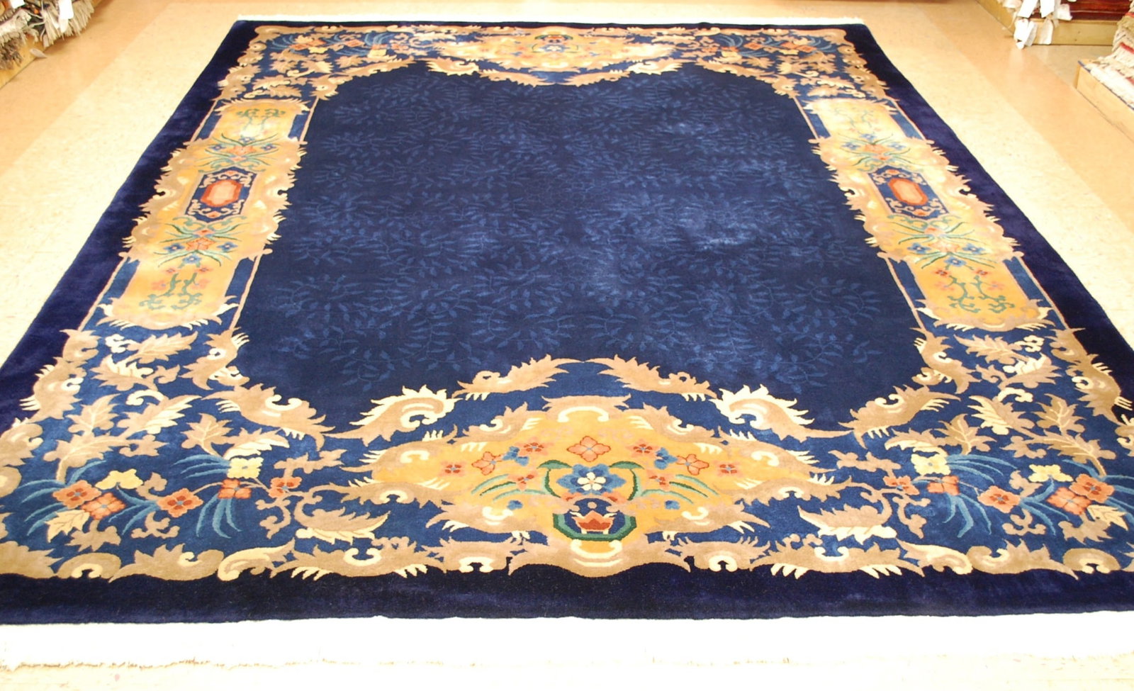 NICHOLS CHINESE RUG 8.9x11.7: Title: NICHOLS CHINESE RUG 8.9x11.7 Descritpion:ANTIQUE FRESH FROM ESTATE TREASURE ART DECO CHINESE WALTER NICHOLS RUG with exact size of 8' 9" x 11' 7" ....Gorgeous Chinese floral field over Royal Bl