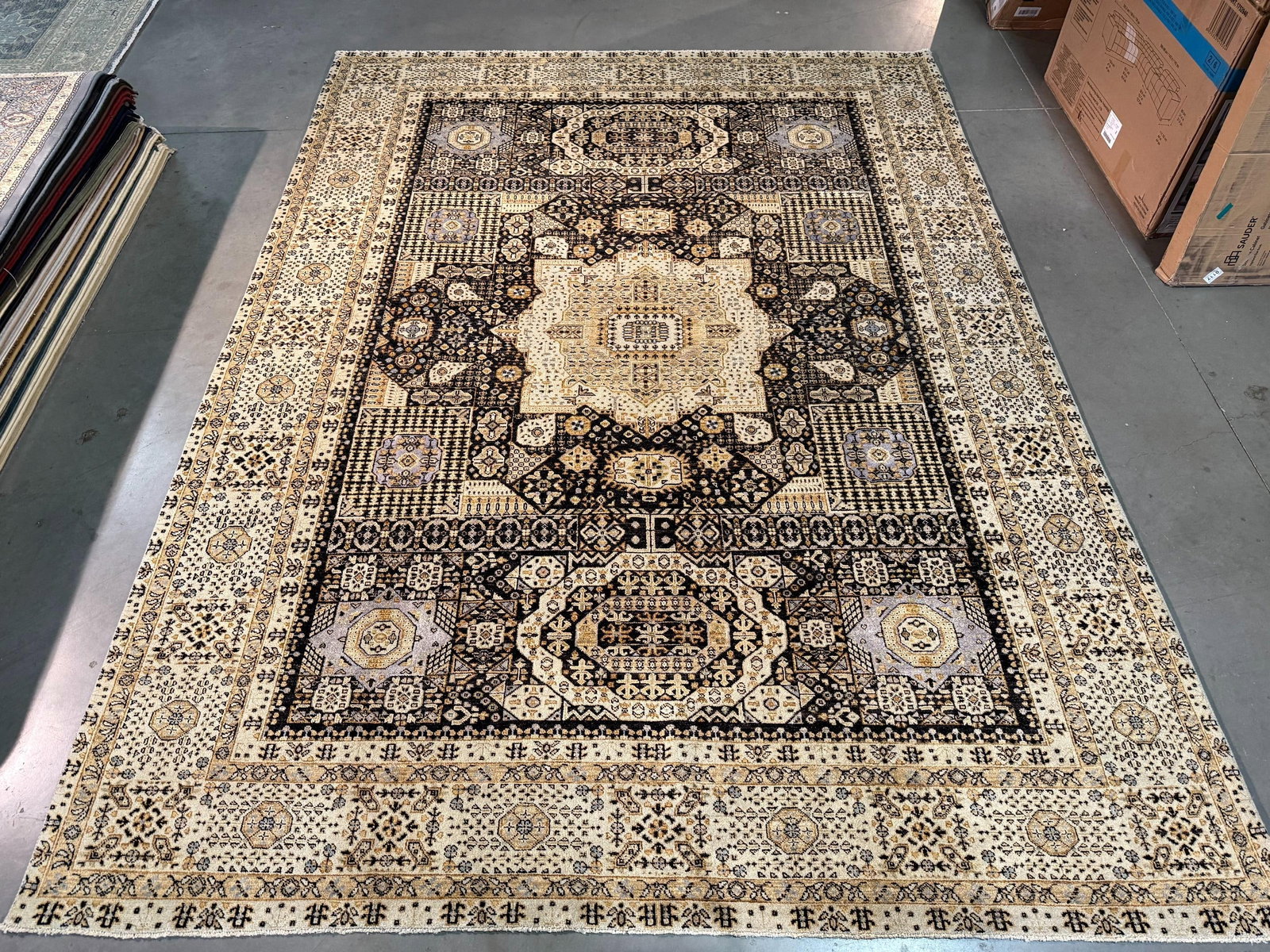 Exquisite Chobi Rug 9.1x12.3: Title:Exquisite Chobi Rug 9.1x12.3 Description:9.1x12.3 Magnificent Hand Knotted Antique Reproduction Chobi Rug , Hand Spun and Vegge Dye 100% wool pile in antique charcoal black , gold. Light blue