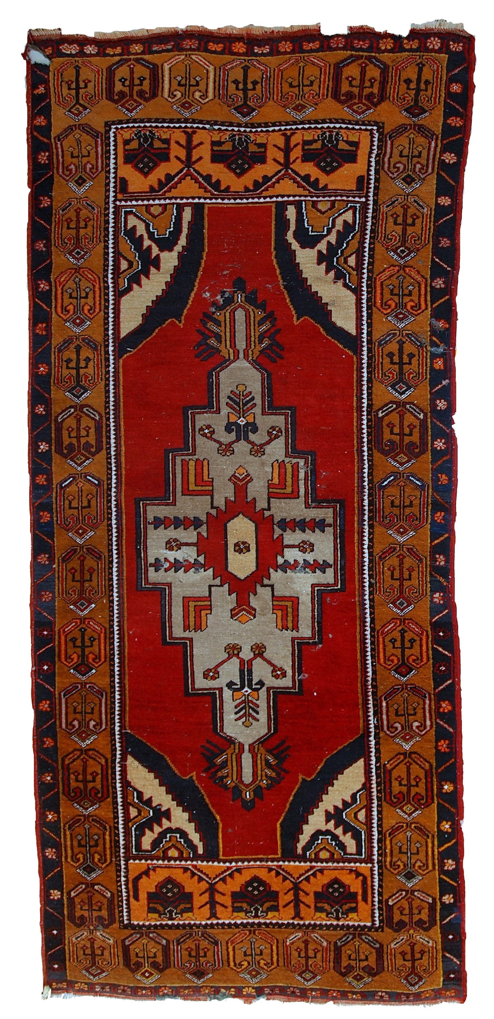 Handmade antique Turkish Anatolian rug 4' x 8.8' (122cm x 269cm) 1920s: Title: Handmade antique Turkish Anatolian rug 4' x 8.8' (122cm x 269cm) 1920s Origin:Turkey Dimensions: 4' x 8.8' (122cm x 269cm) Materials:wool Year:1920s Description:Antique Turkish Anatolian rug in