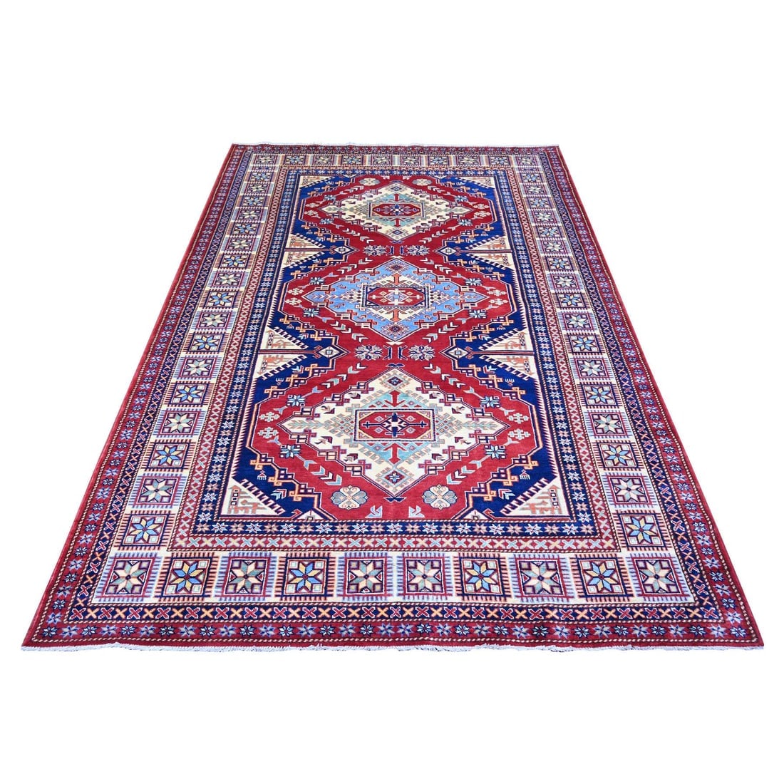 Scarlet Red Shirvan Weave Afghan Super Kazak Wool Hand Knotted Rug (1 of 6)