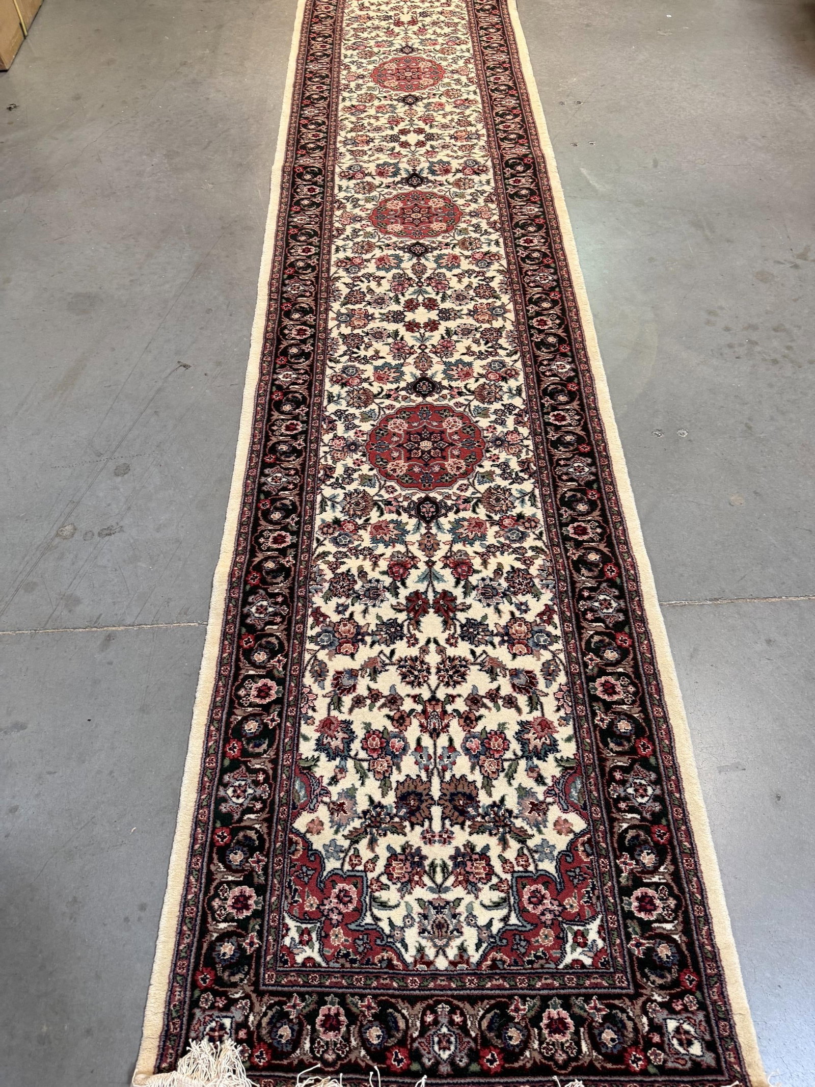 Fine Silk&Wool Tabriz Runner 2.6x12': Title:Fine Silk&Wool Tabriz Runner 2.6x12' Description:2.6x12 Super fine Sino Persian Tabriz runner natural wool pile with silk highlights in Ivory Black, green and multi accent colors Handknotted in 