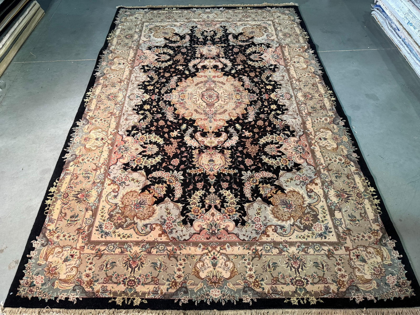 Exquisite Silk&Wool Tabriz Rug 6x9: Title:Exquisite Silk&Wool Tabriz Rug 6x9 Description:6x9 Super fine Sino Persian Medallion Tabriz rug natural wool pile with silk highlights in Black, Ivory and multi pastel accent colors Handknotted