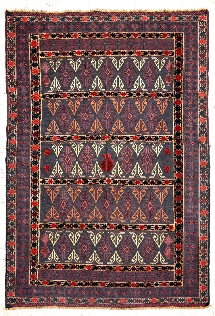Hand-Knotted Soumak Kilim Flatweave Tribal Wool Oriental Area Rug 4'5" x 6'9": Title:Hand-Knotted Soumak Kilim Flatweave Tribal Wool Oriental Area Rug 4'5" x 6'9" Description:• Rug Number: 5991 • Country of Origin: Afghanistan • Style, Design: Afghan Balouch,