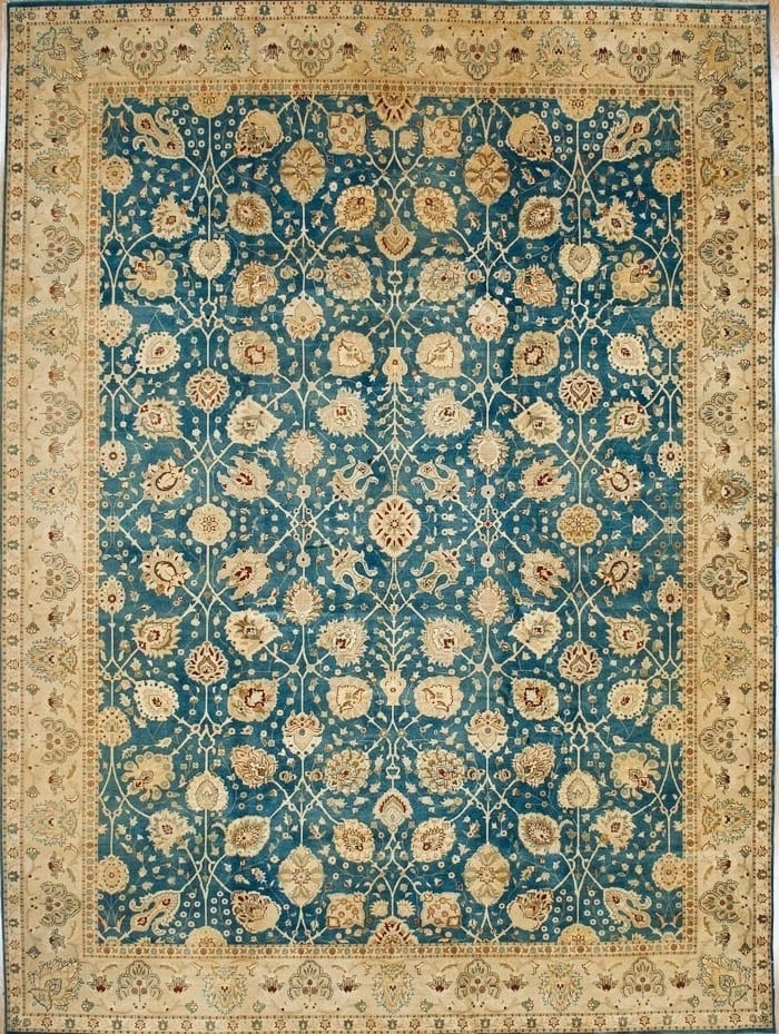 Hand-Knotted Blue Beige Wool Transitional Oriental Area Rug Carpet 9'11" x 13'5": Title:Hand Knotted Indo-Tabriz Blue Oriental Area Rug Wool Carpet 9'11" x 13'5" Description:• Rug Number: 70607 • Country of Origin: India • Style, Design: Persian Tabriz, Floral,