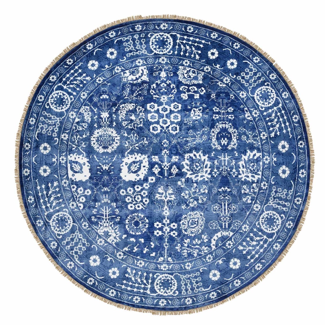 Denim Blue, Tabriz, Wool and Silk Hand Knotted Round Rug: Title: Denim Blue, Tabriz, Wool and Silk Hand Knotted Round Rug Description:This is a truly genuine one-of-a-kind. It has been Knotted for months and months in the centuries-old weaving craftsmanship