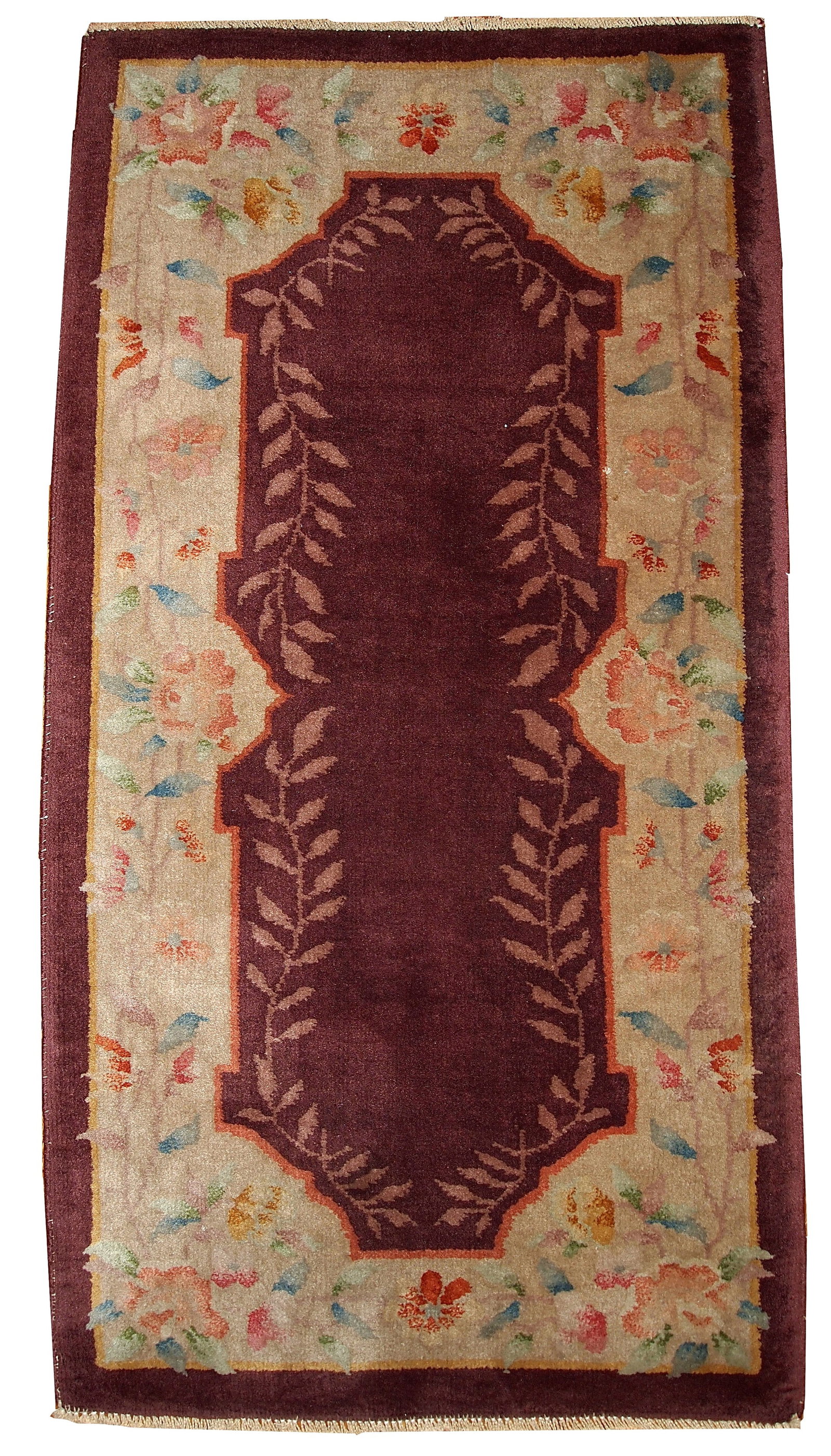Handmade antique Art Deco Chinese rug 2.2' x 3.11' ( 67cm x 121cm ) 1920: Title: Handmade antique Art Deco Chinese rug 2.2' x 3.11' ( 67cm x 121cm ) 1920 Origin:China Dimensions: 2.2' x 3.11' ( 67cm x 121cm ) Materials:wool Year:1920s Description:Wine burgundy Art Deco Chin