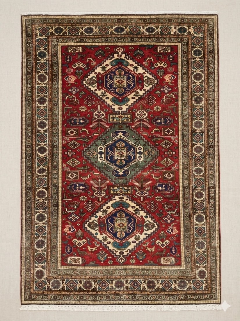 Hand Knotted Wool Rug 4’8??x6’9?? Red Geometric Tribal Area Oriental Azerbaijan - 12