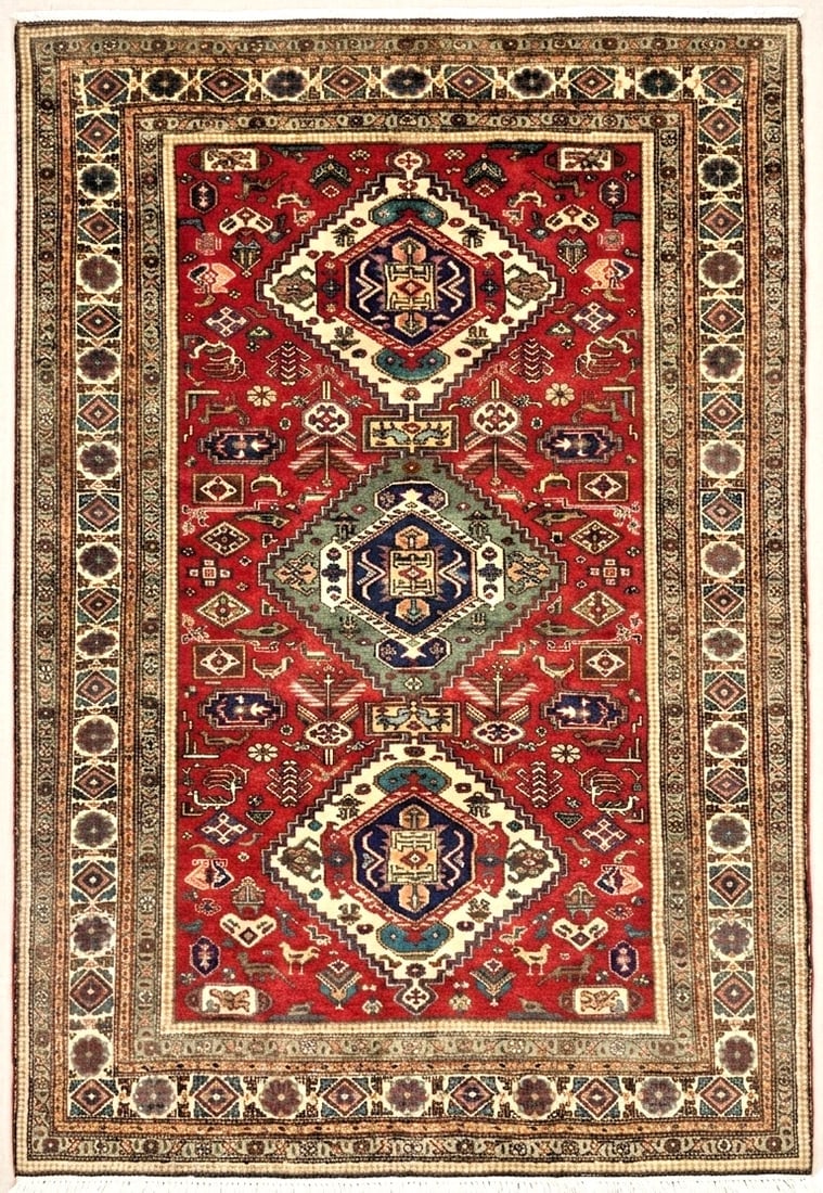 Hand Knotted Wool Rug 4’8??x6’9?? Red Geometric Tribal Area Oriental Azerbaijan: Title:Hand Knotted Persian Wool Rug 4’8”x6’9” Red Tribal Oriental Azerbaijan Description:• Rug Number: D48 • Country of Origin: Iran • Style, Design: Persian Azarbaijan,