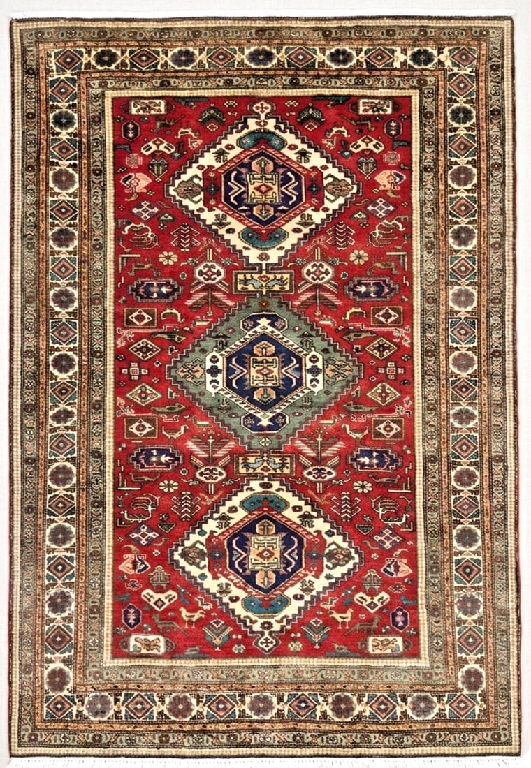 Hand Knotted Wool Rug 4’8??x6’9?? Red Geometric Tribal Area Oriental Azerbaijan - 2