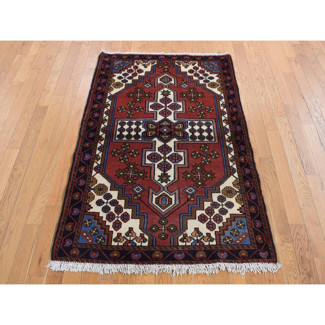Red, Vintage Bohemian Persian Hamadan, Pure Wool, Hand Knotted Rug - 2
