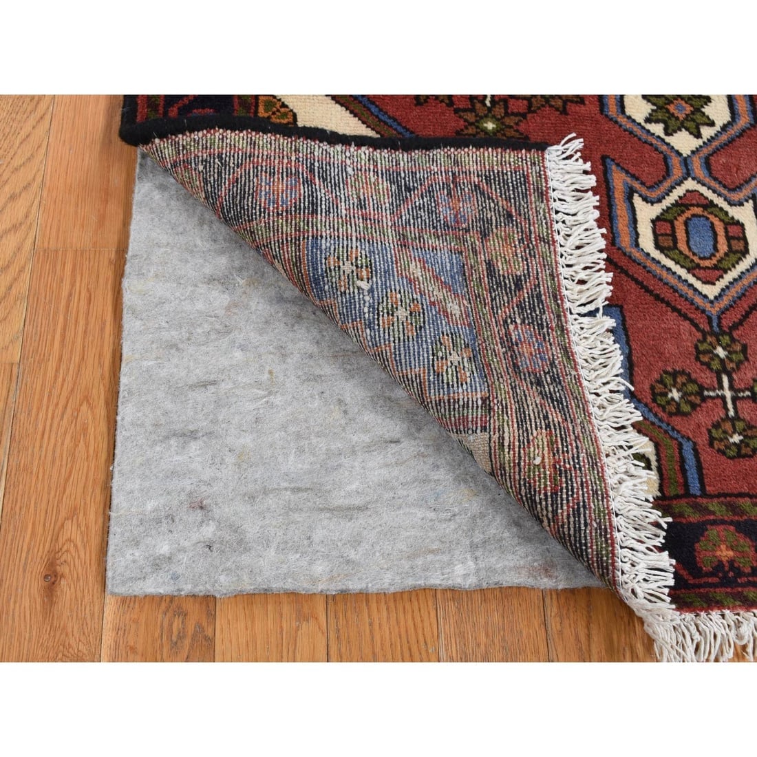 Red, Vintage Bohemian Persian Hamadan, Pure Wool, Hand Knotted Rug - 3