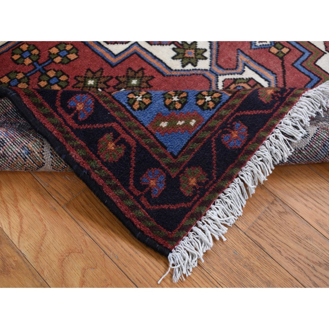 Red, Vintage Bohemian Persian Hamadan, Pure Wool, Hand Knotted Rug - 4