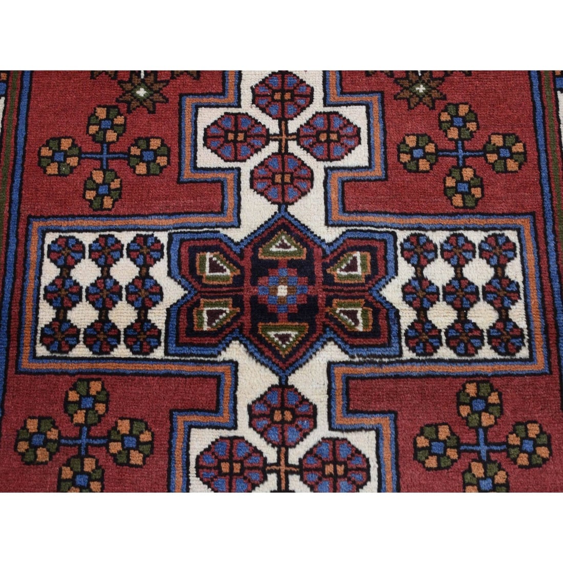 Red, Vintage Bohemian Persian Hamadan, Pure Wool, Hand Knotted Rug - 6