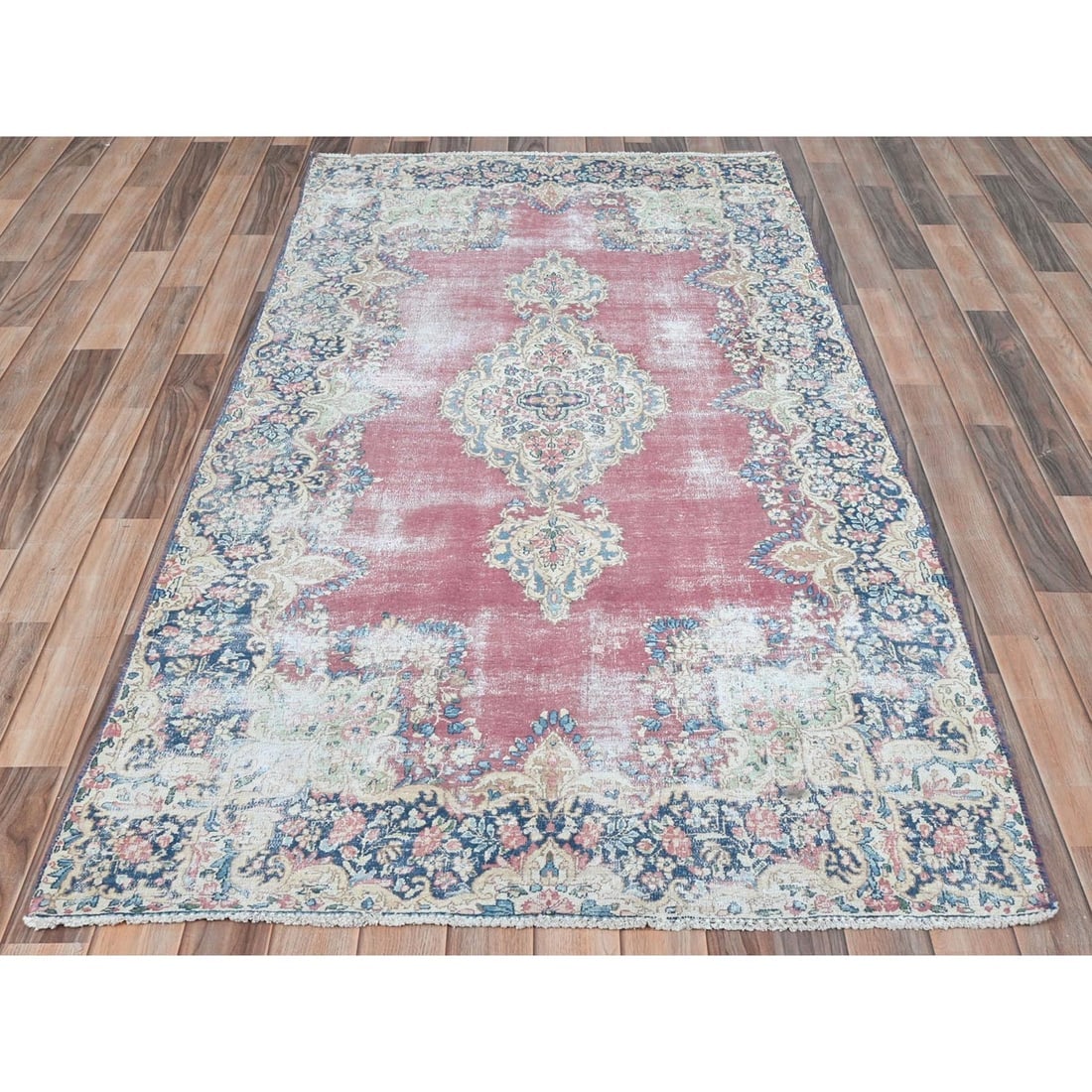 Red, Vintage Persian Kerman Distressed Look Worn Wool Hand Knotted Rug - 2