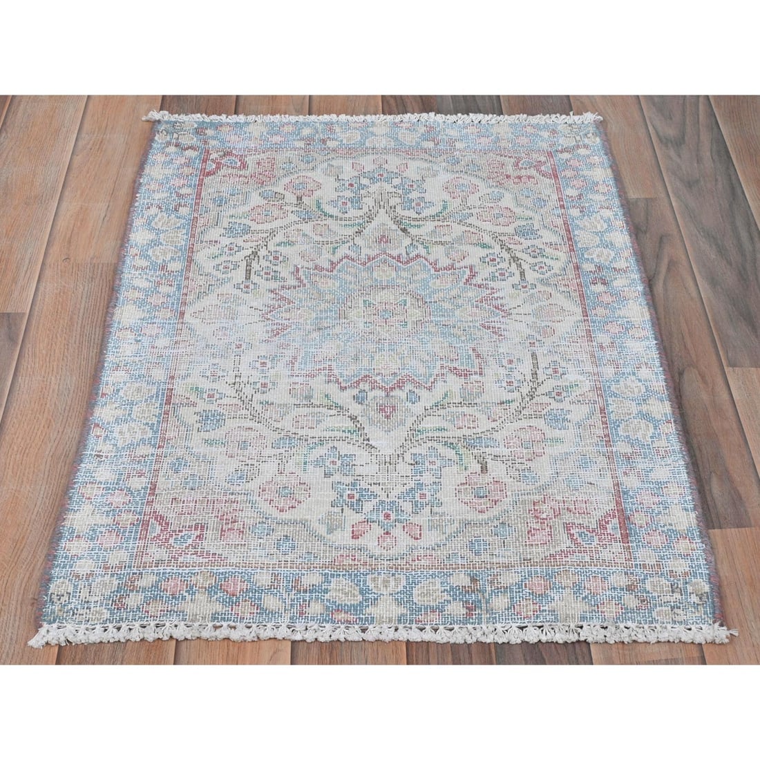 Ivory Vintage Persian Kerman Worn Wool Hand Knotted Mat Rug - 2