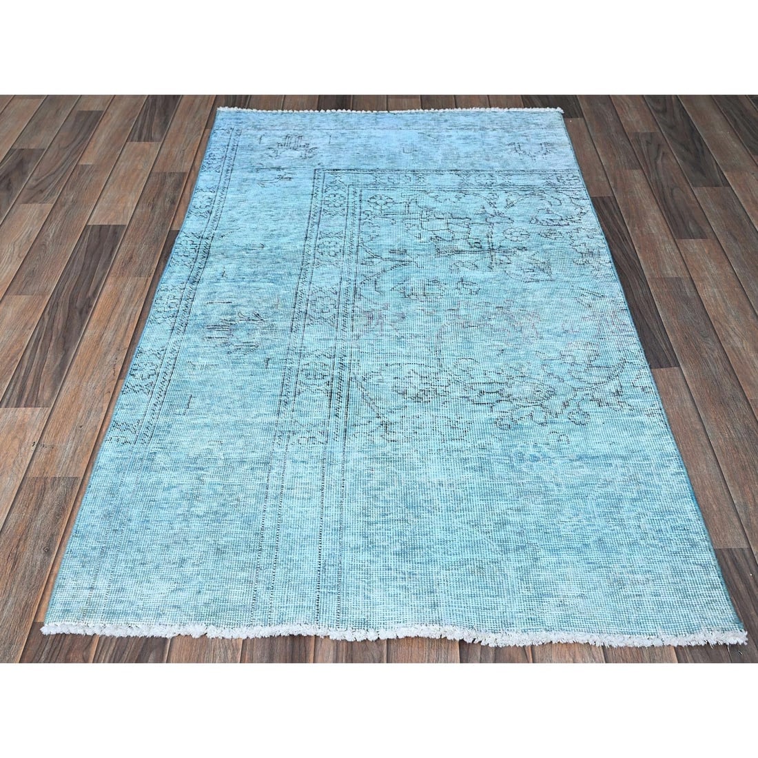 Aqua Blue Overdyed Vintage Persian Tabriz Hand Knotted Pure Wool Rug - 2