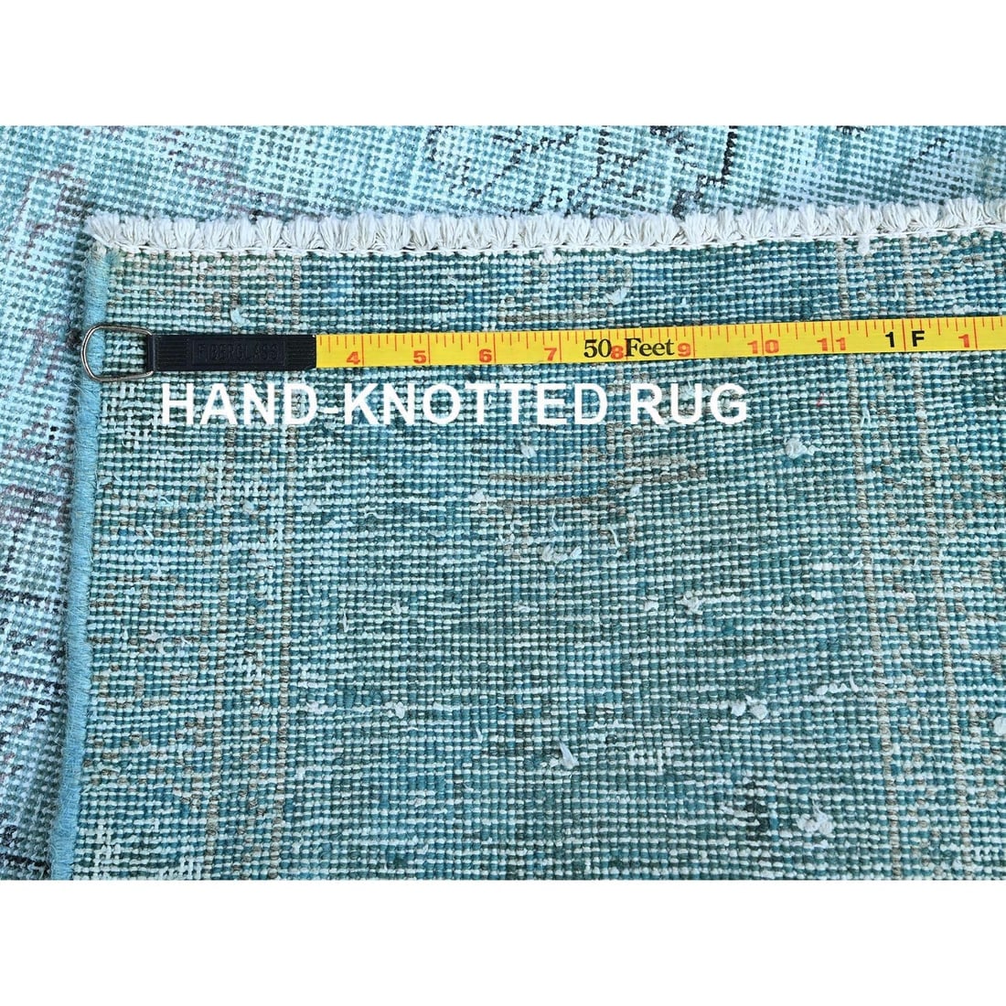Aqua Blue Overdyed Vintage Persian Tabriz Hand Knotted Pure Wool Rug - 7