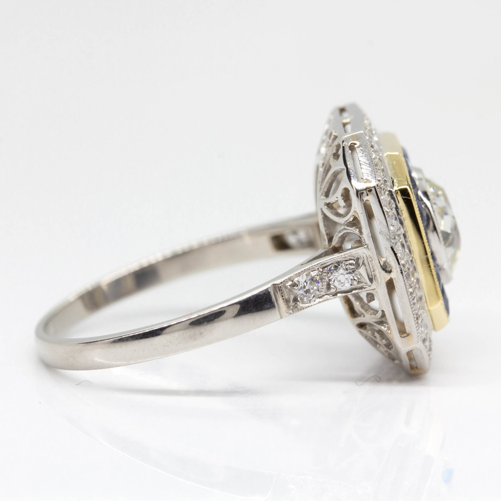 Handmade Platinum Old Mine cut Diamond and French cut Sapphire Ring - 2