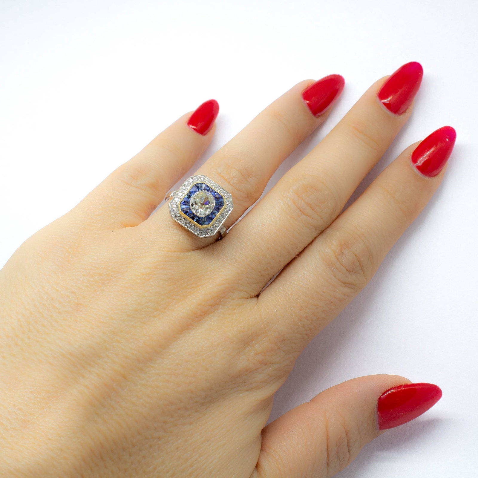 Handmade Platinum Old Mine cut Diamond and French cut Sapphire Ring - 7