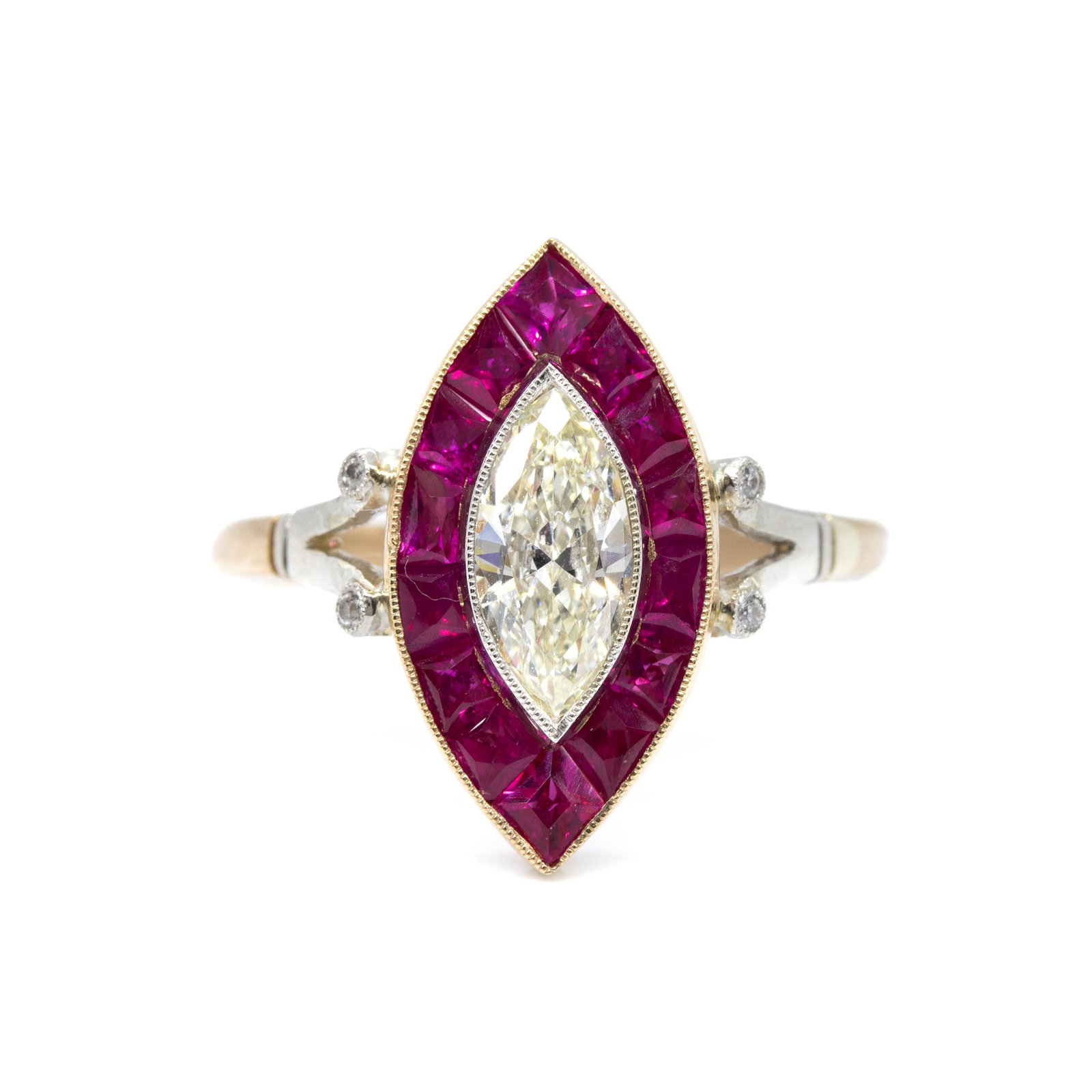 Edwardian 18K Gold and Platinum Diamond and Ruby Marquise Engagement Ring: Title: Edwardian 18K Gold and Platinum Diamond and Ruby Marquise Engagement Ring Description: The Adalynn ring is a vintage piece from the Edwardian era circa 1910. It centers one natural marquise cut