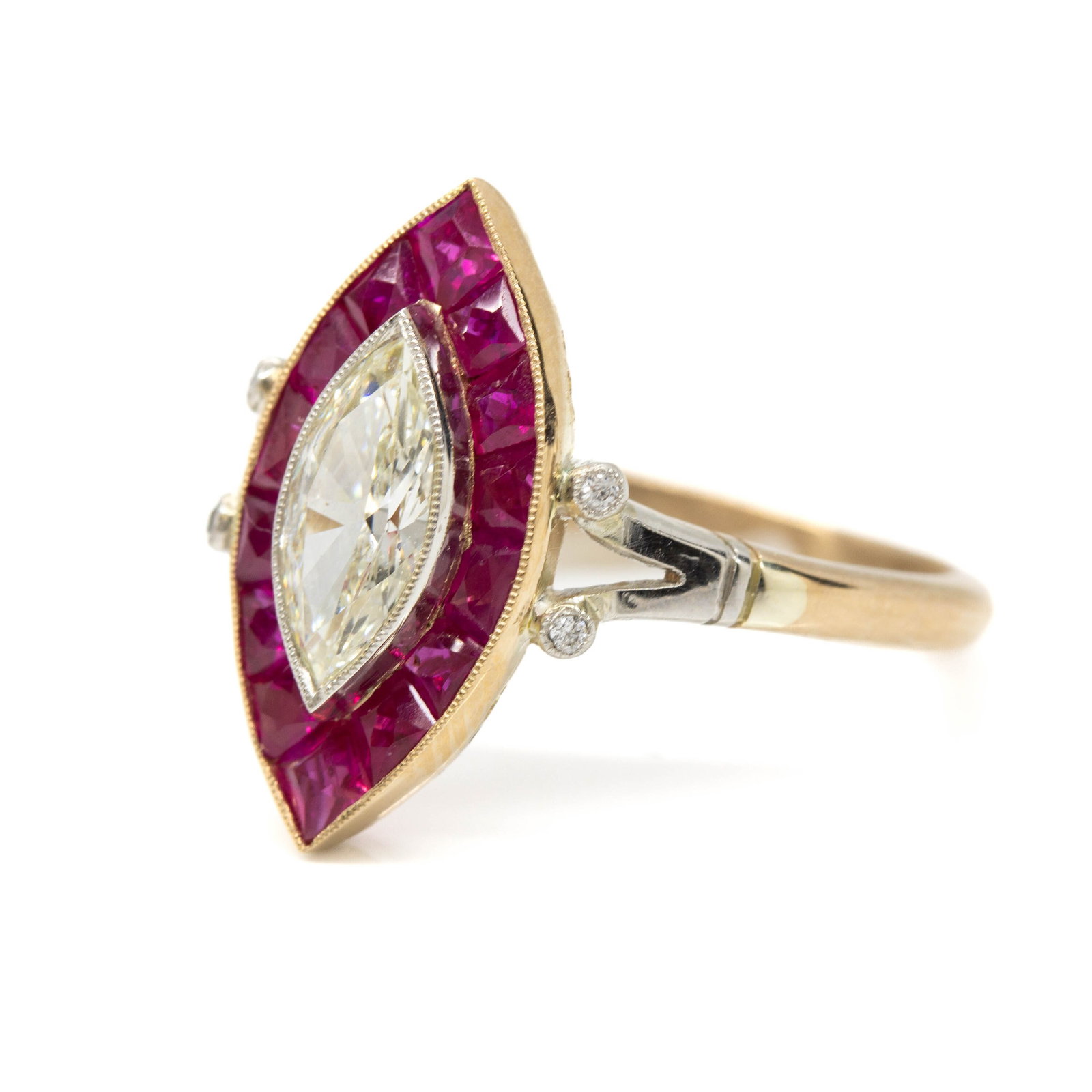 Edwardian 18K Gold and Platinum Diamond and Ruby Marquise Engagement Ring - 2