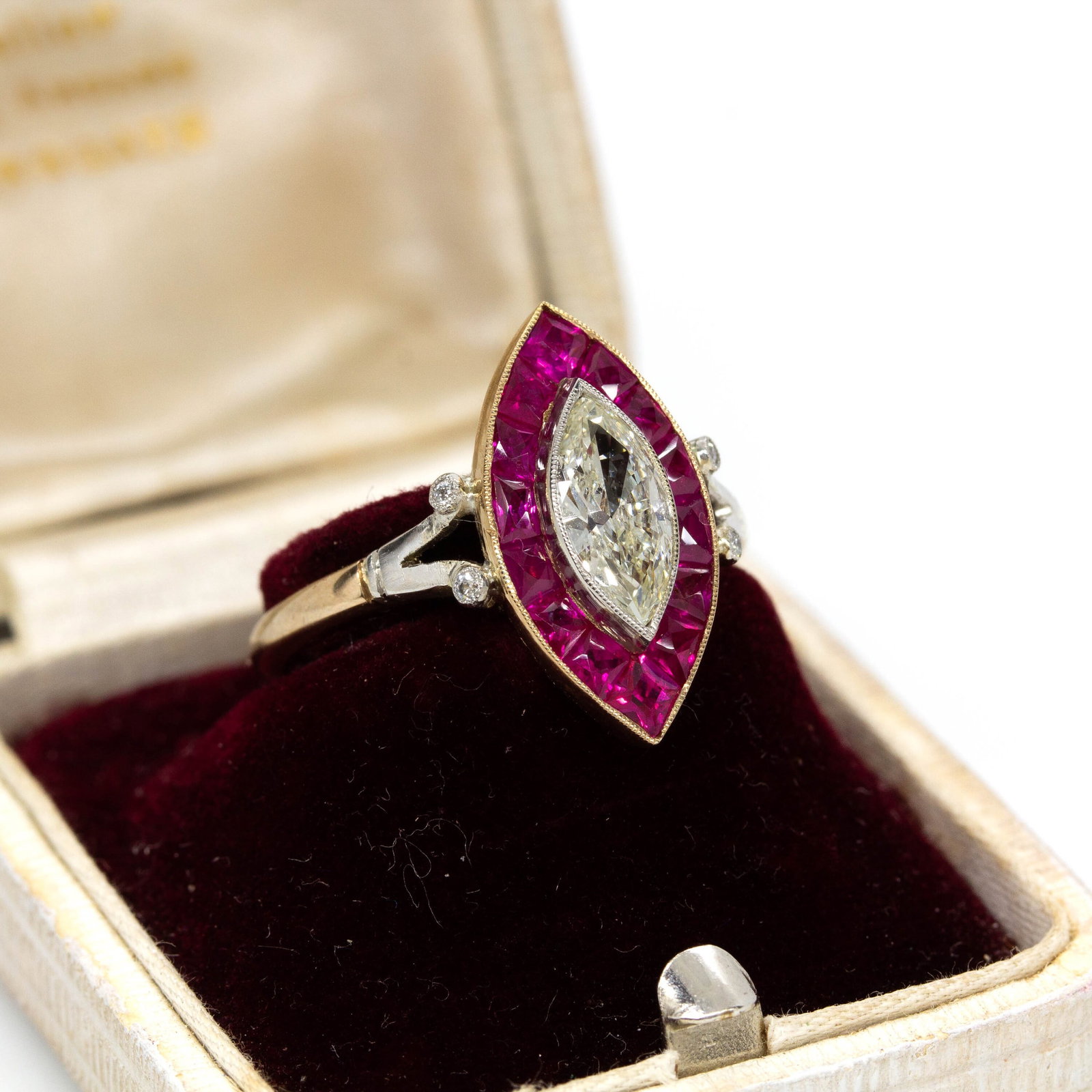 Edwardian 18K Gold and Platinum Diamond and Ruby Marquise Engagement Ring - 7