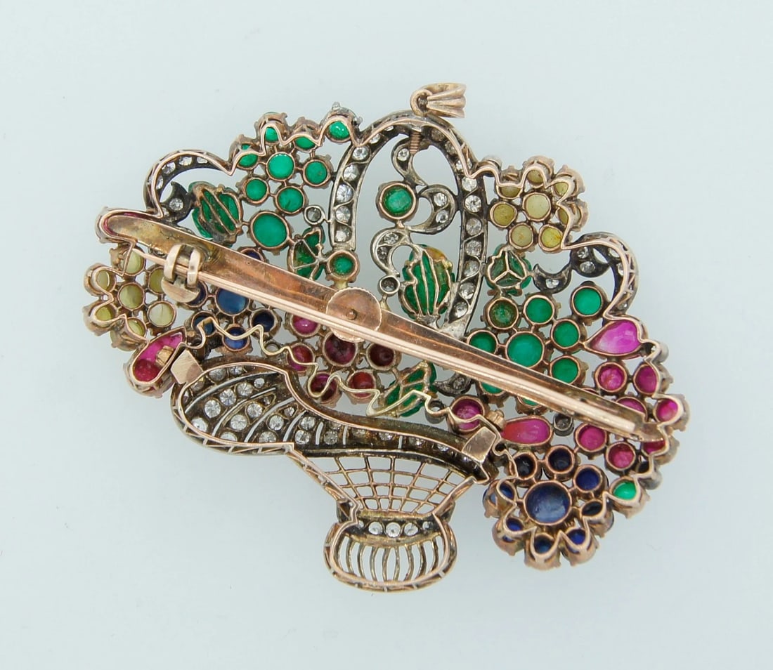 Art Deco TUTTI-FRUTTI PENDANT PIN BROOCH DIAMOND GEMSTONE SILVER GOLD 1910s Fab - 5