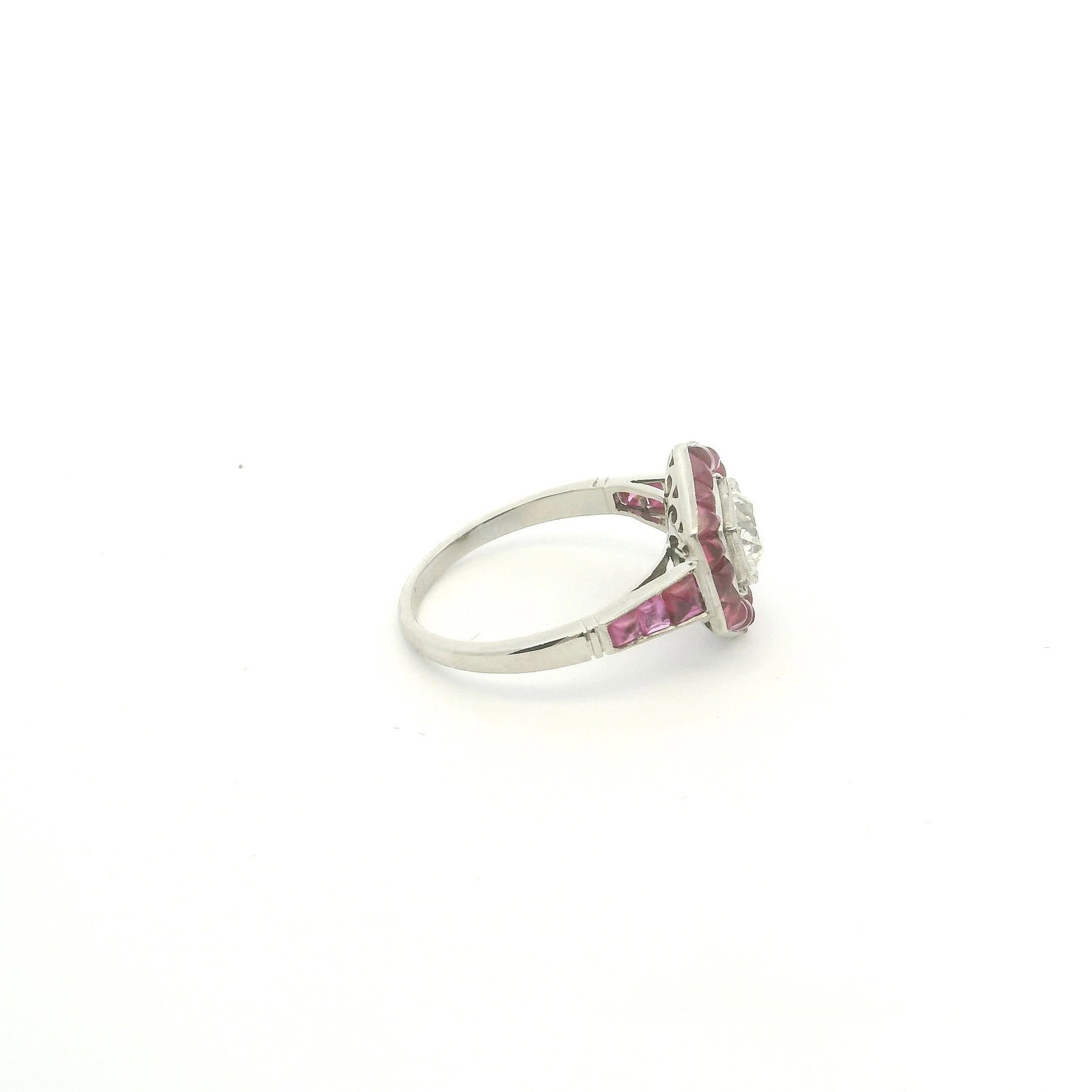 Platinum Old European Cut Diamond and Natural Ruby Ring - 2