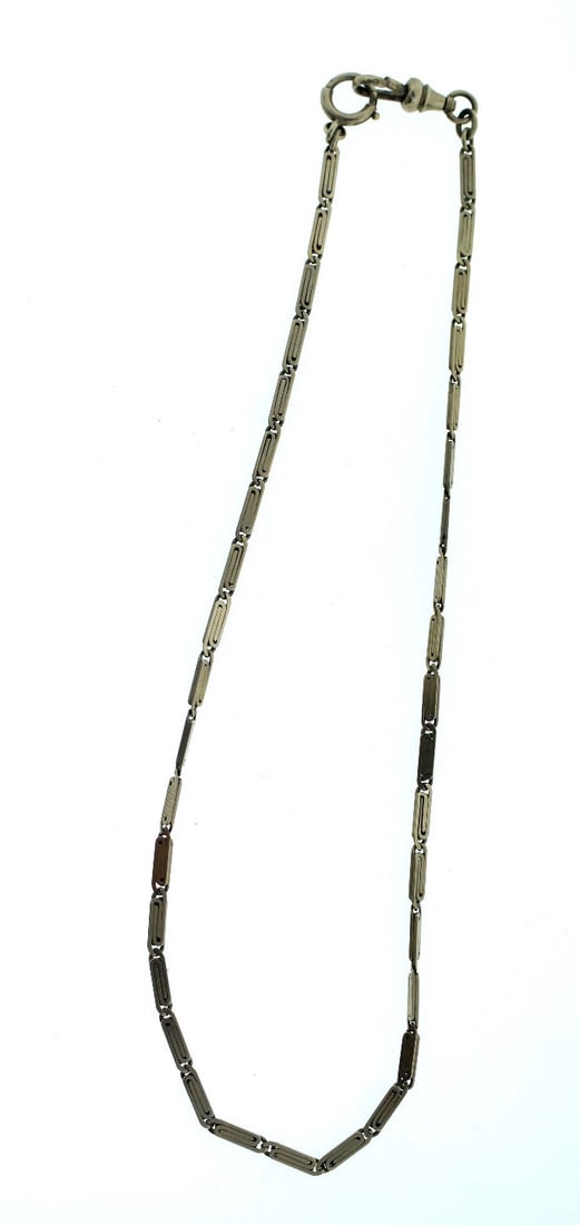 VICTORIAN C.1900 14K WHITE GOLD WATCH CHAIN "ACC" STAMPED: Title: VICTORIAN C.1900 14K WHITE GOLD WATCH CHAIN "ACC" STAMPED Description: N-UTO C.1900 VICTORIAN 14K WHITE GOLD WATCH CHAIN STAMPED A VERY UNIQUE & STYLISH CHAIN WATCH CHAIN LENGTH: 12 1/2 INCHES