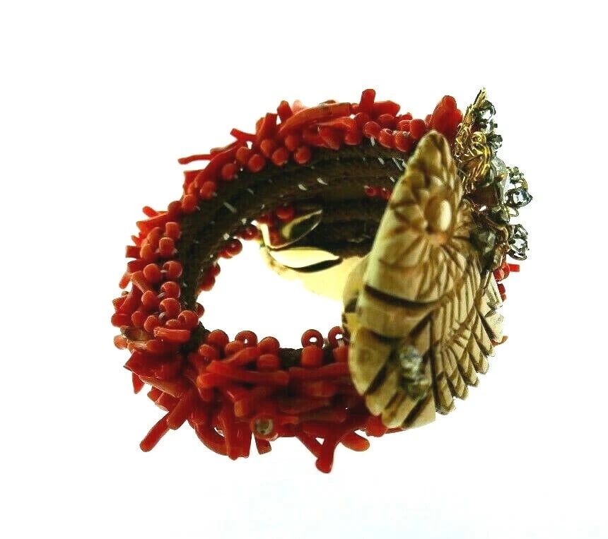 MIRIAM HASKELL Coral, Gold Plate & Rhinestone Bracelet Vintage - 5