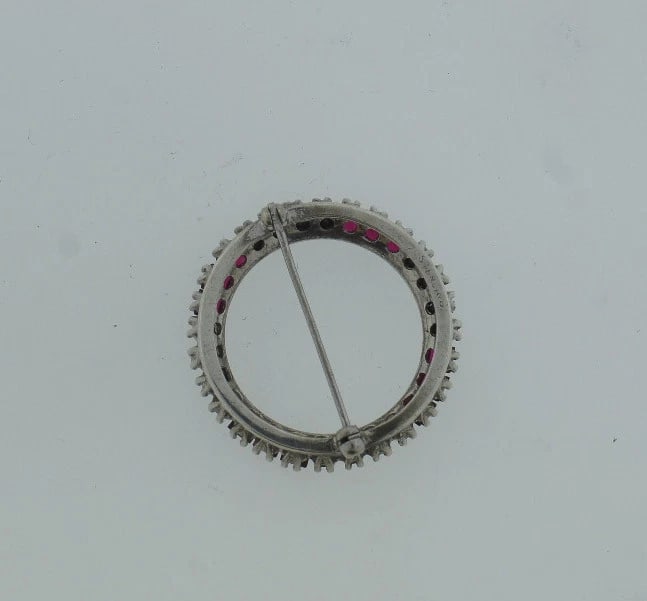C.1920 STERLING SILVER PIN BROOCH RED & WHITE STONES PIN BROOCH STAMPED - 4