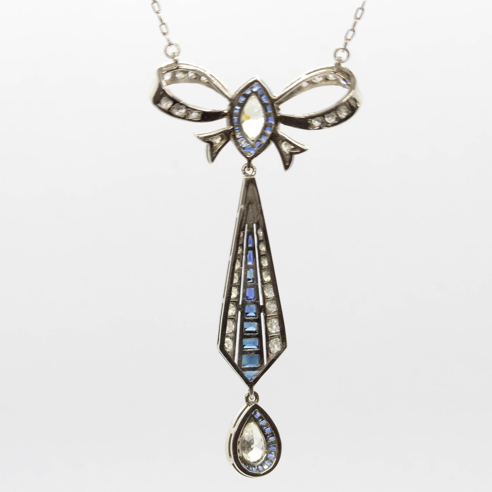 Art Deco Platinum French Cut Sapphire and Natural Diamond Pendant - 2