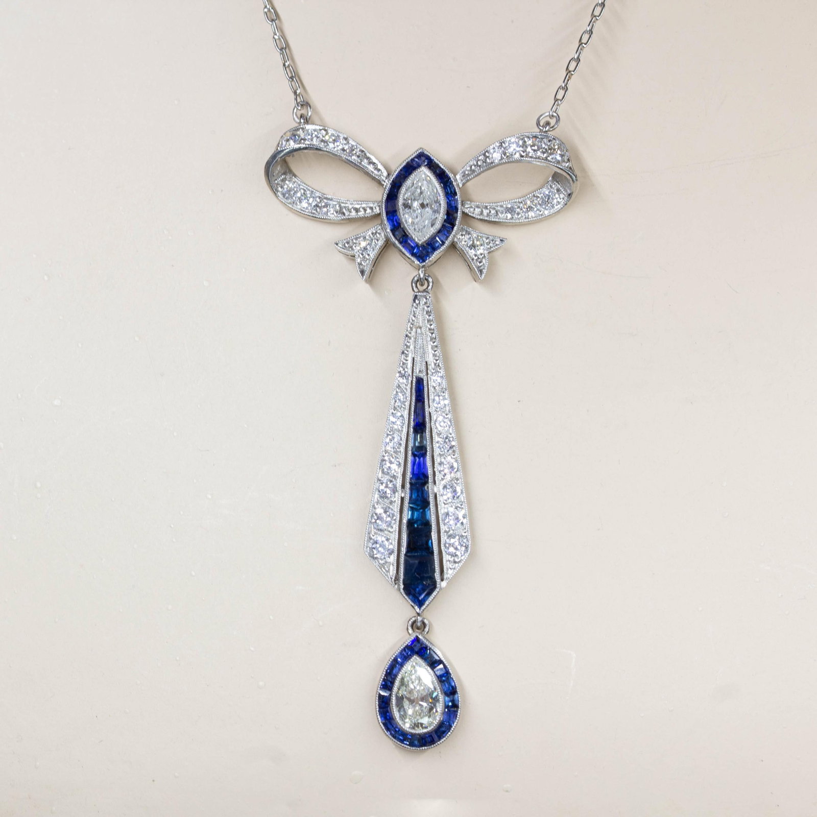 Art Deco Platinum French Cut Sapphire and Natural Diamond Pendant - 3