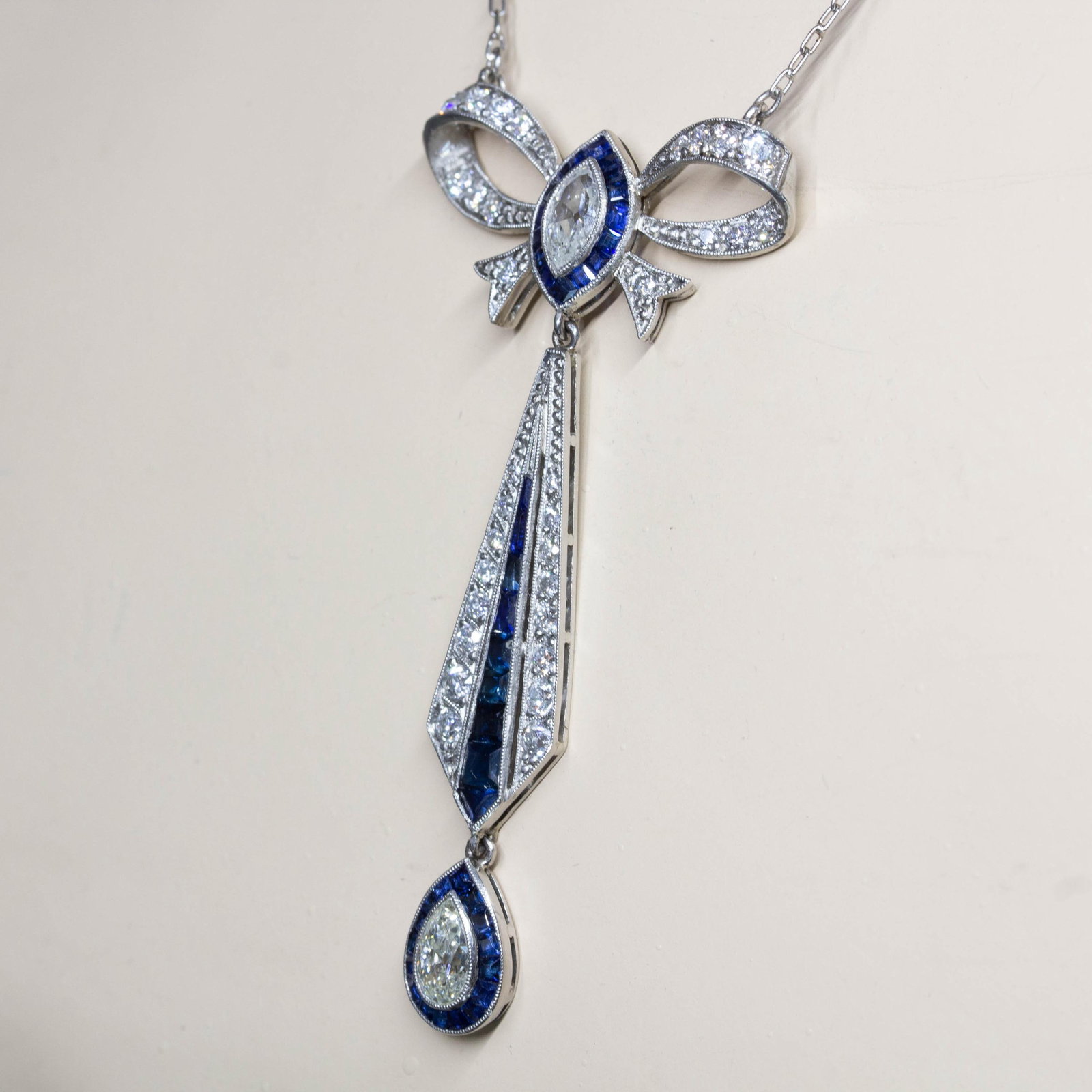 Art Deco Platinum French Cut Sapphire and Natural Diamond Pendant - 4