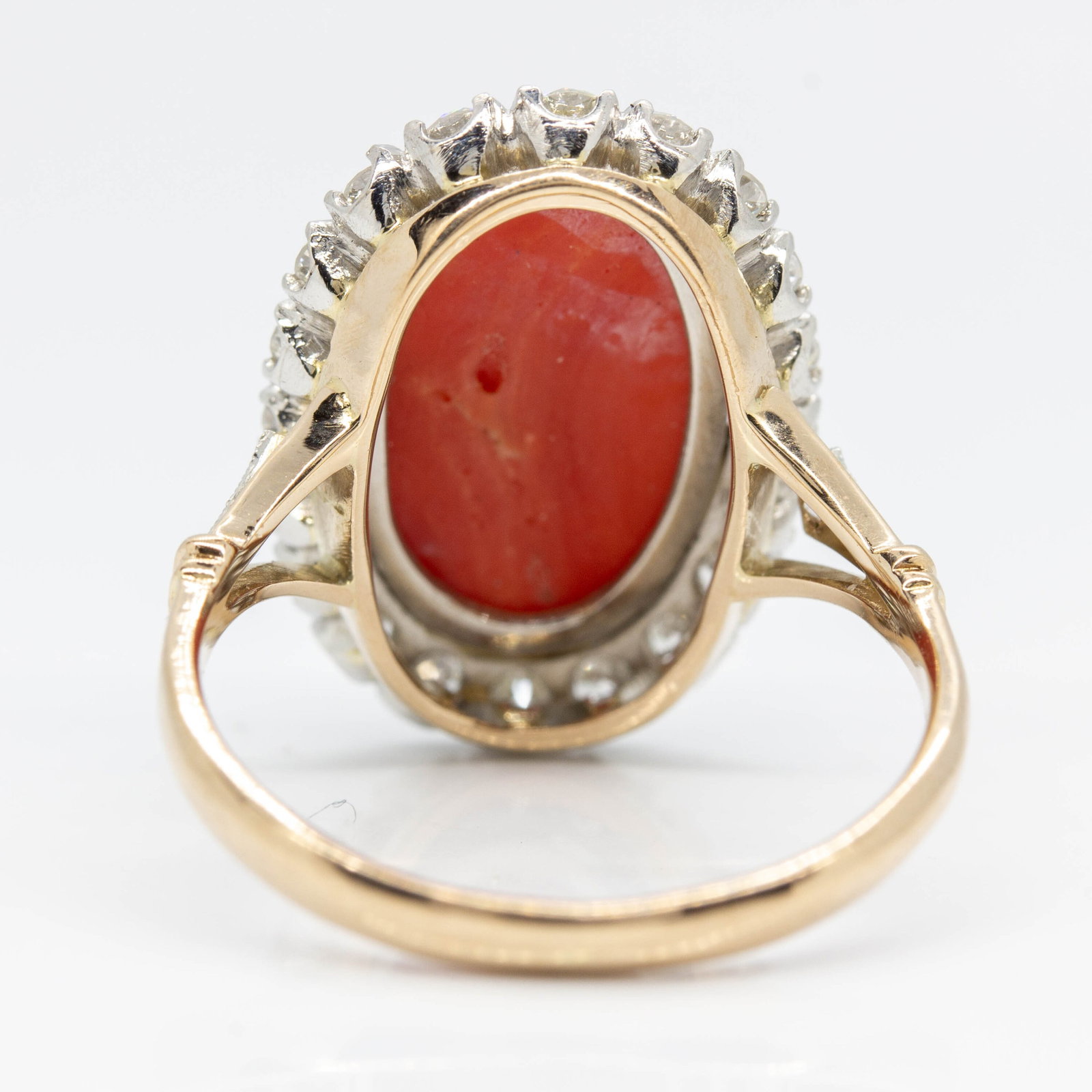 Estate 18k gold and Platinum Coral and Diamond Ring - 3
