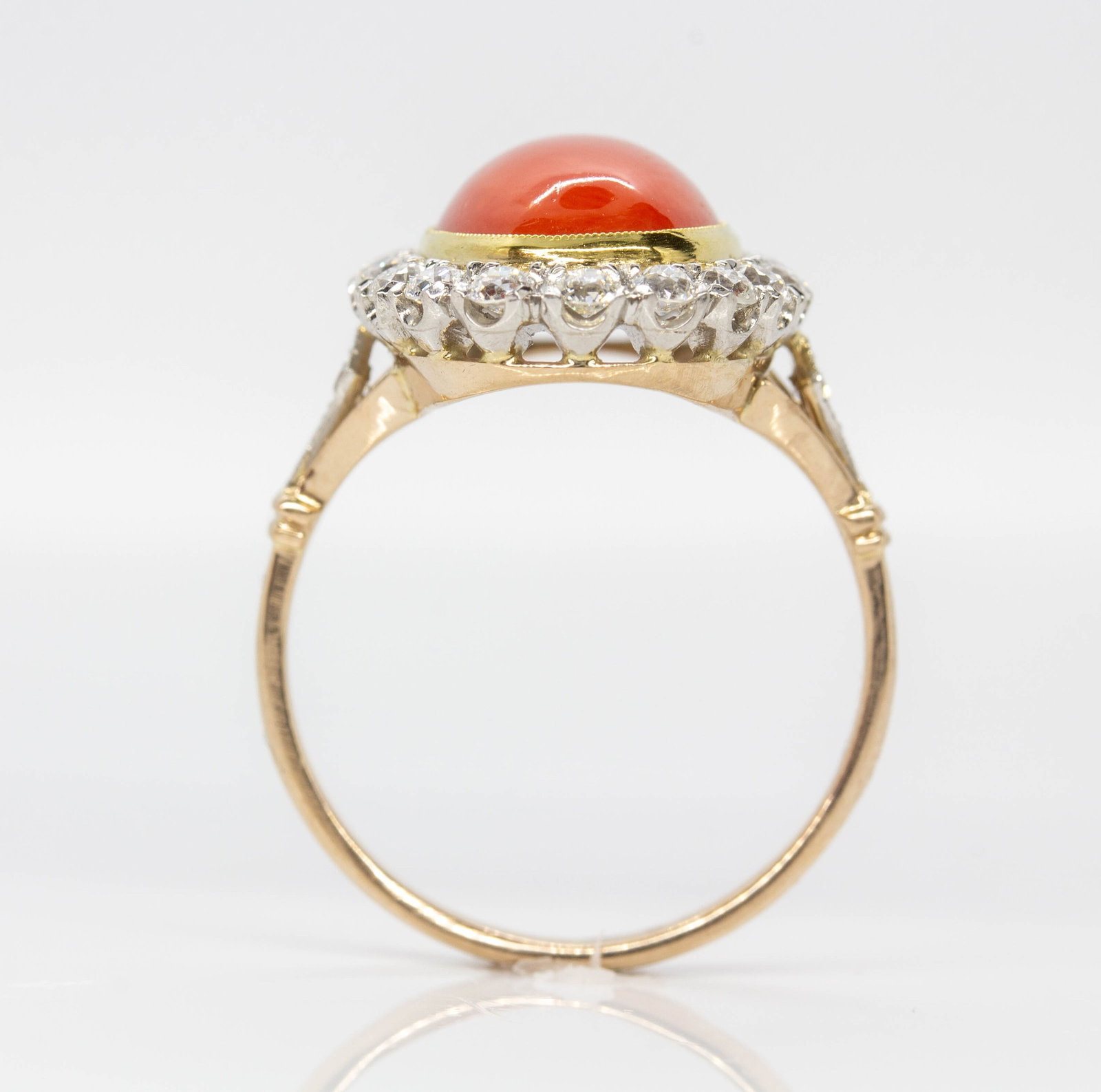 Estate 18k gold and Platinum Coral and Diamond Ring - 6