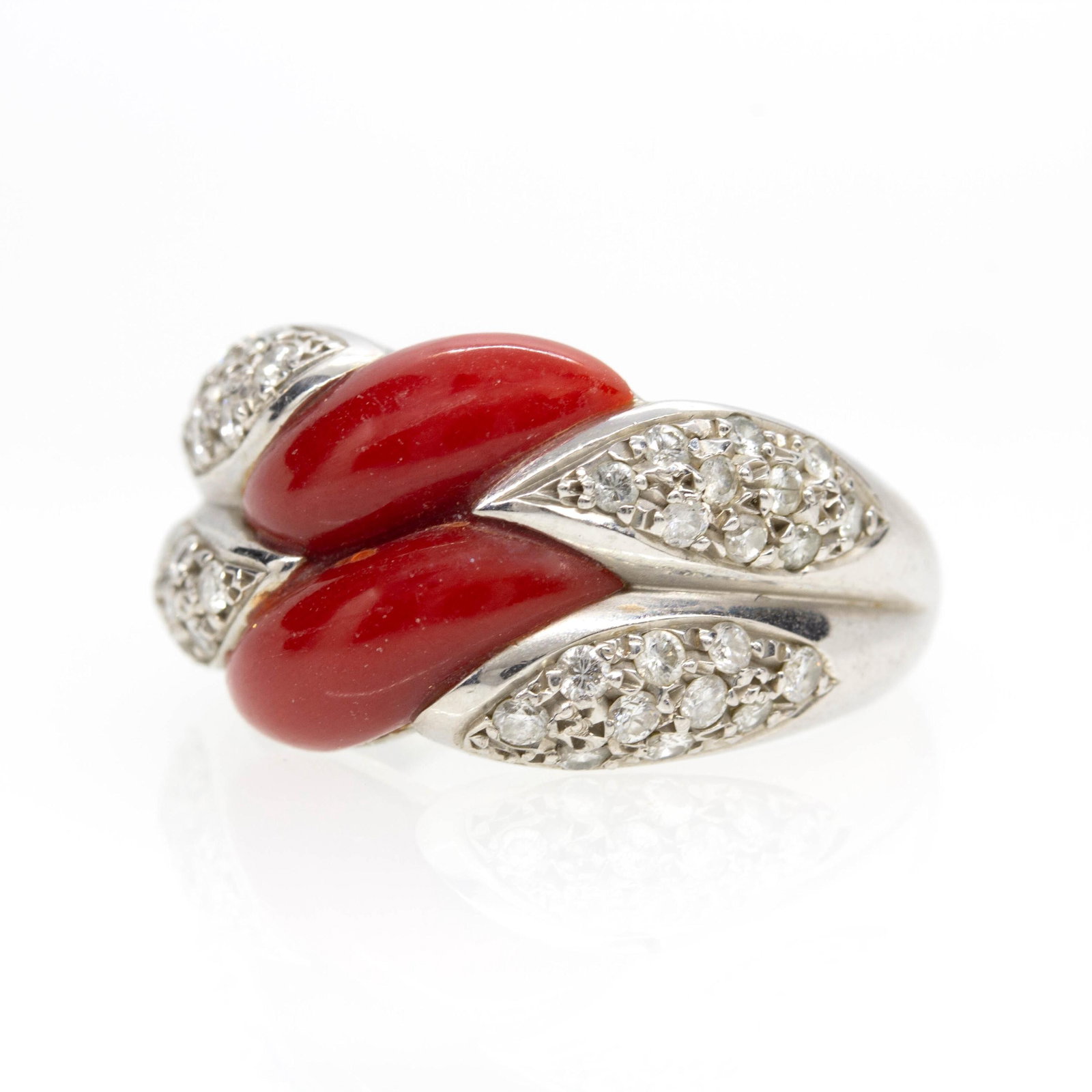 Estate Platinum Natural Coral and Diamond Designer Ring - 2