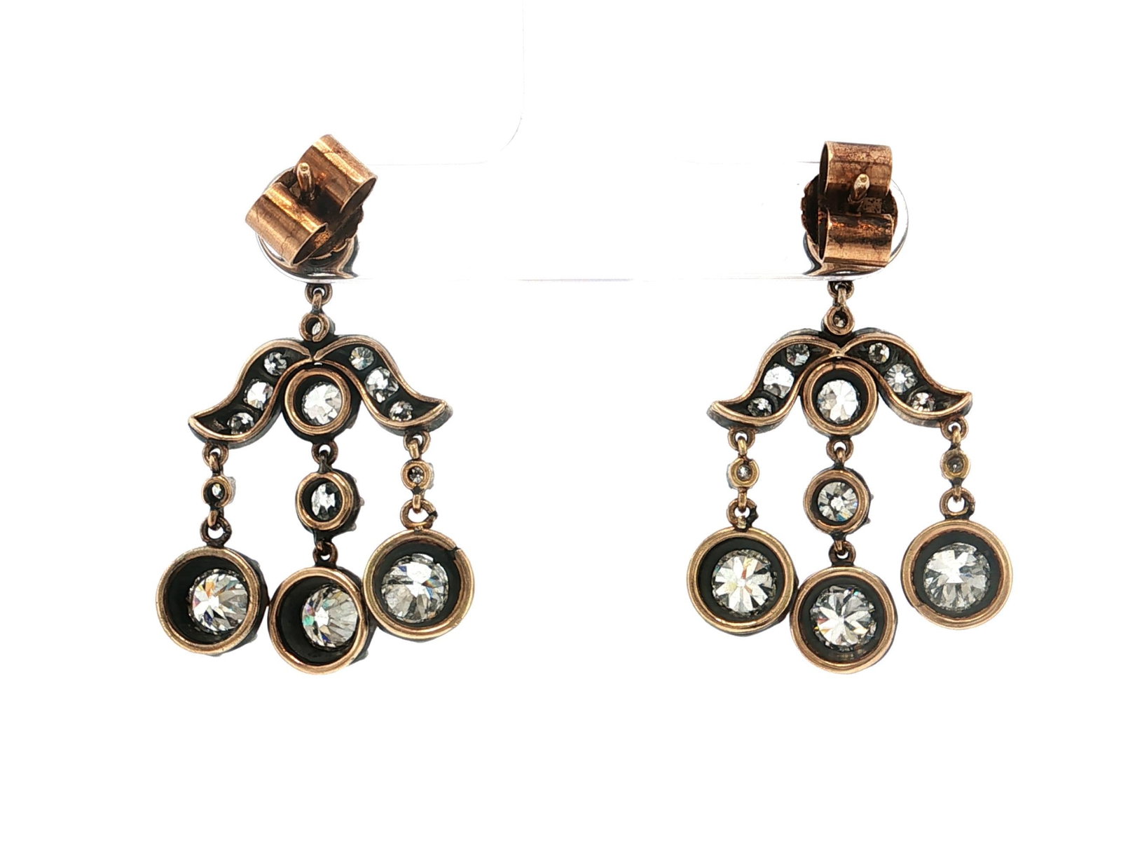 18K Gold and Silver Old Mine Cut Diamond Chandelier Dangle Earrings - 3