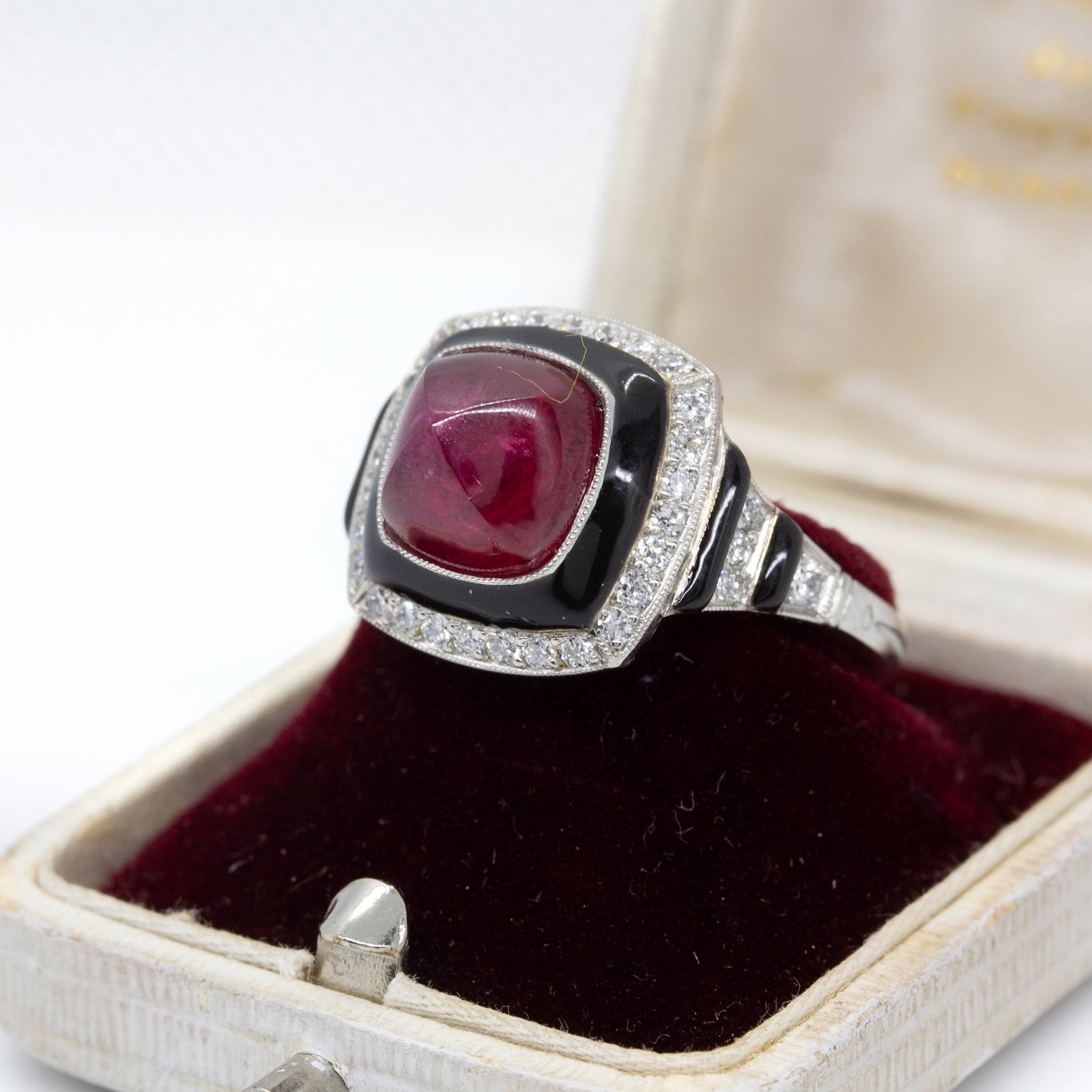 Handmade Platinum Natural Ruby and Old Mine Diamond Ring - 3